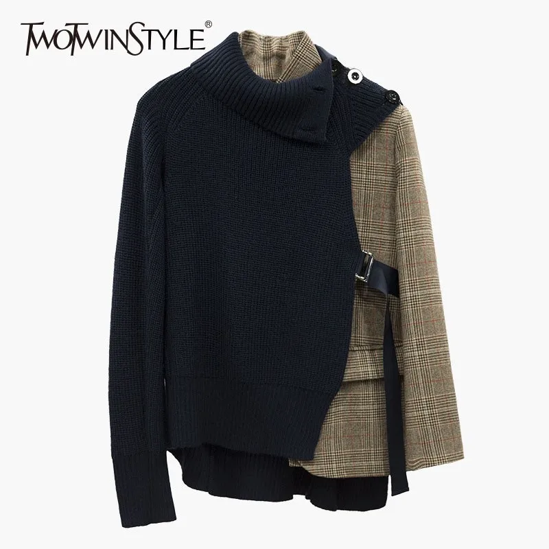 TWOTWINSTYLE Patchwork Knitting Plaid Coat Female Long Sleeve Lace Up Irregular Women's Jacket Korean Fashion 2018 Autumn New | Женская