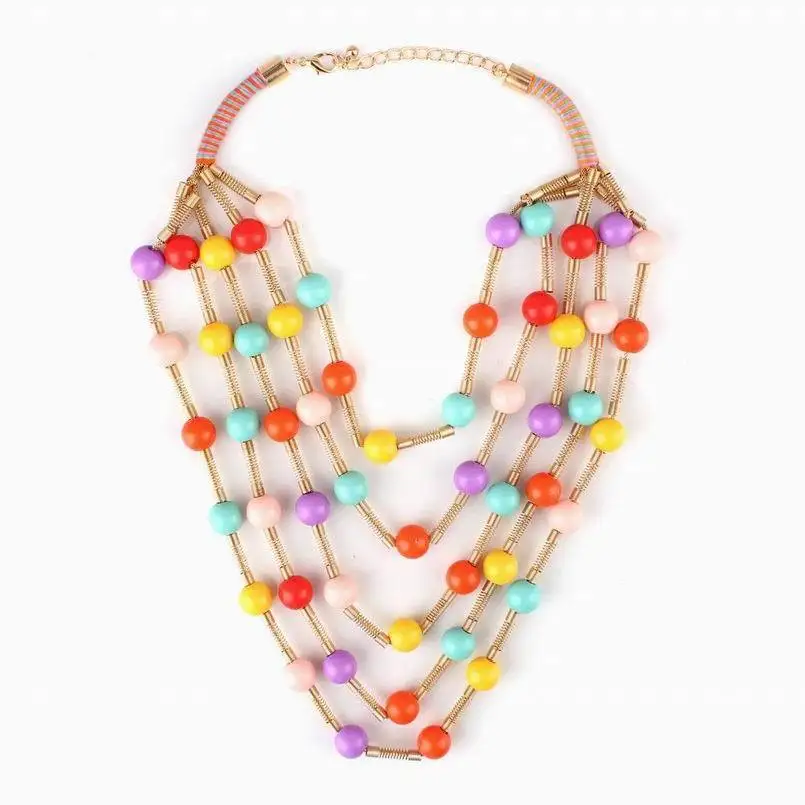 Big Chunky Gold Color Chain Colorful Bead Ball Pendant Women Statement
