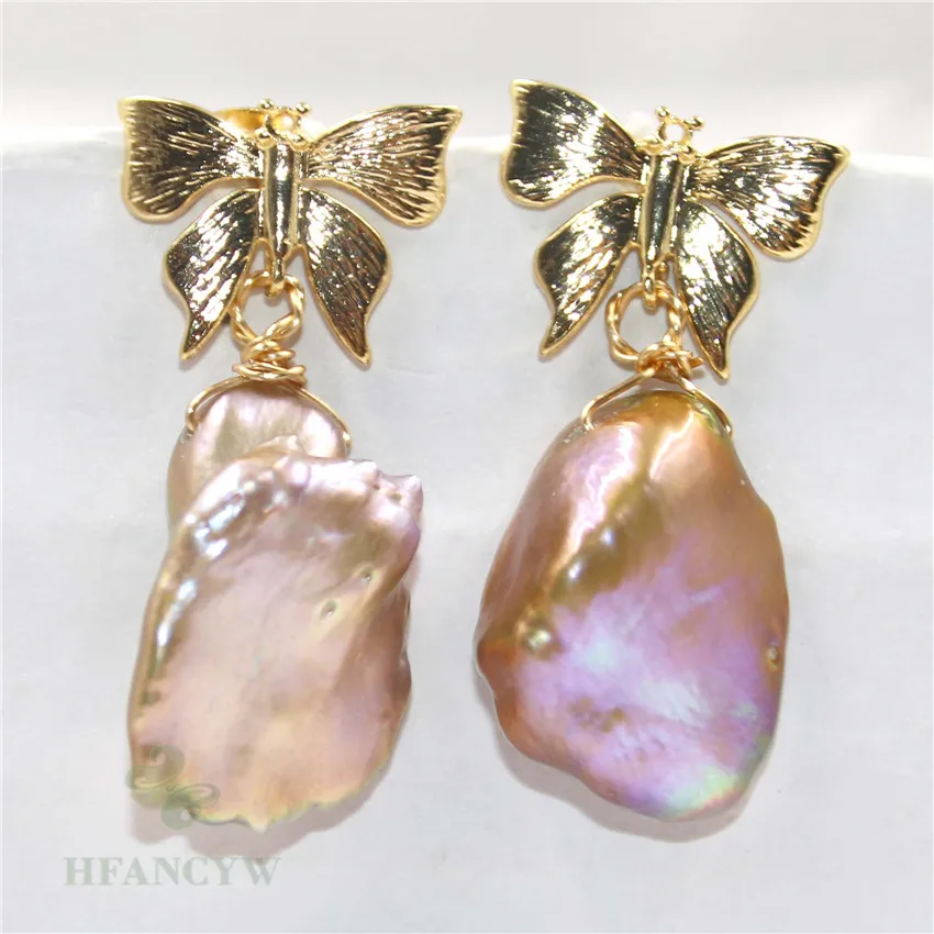 

14-16mm Purple Baroque Pearl Earrings Gold Butterfly Ear Stud Gift Natural Flawless AAA Real Wedding Women Fashion Irregular