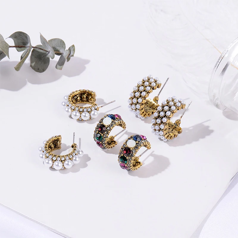 

Fashion Curved Jewelry Gold Color Metal Colorful Semicircle Rhinestone Vintage New Small Hoop Imitation Pearls Women Earrings