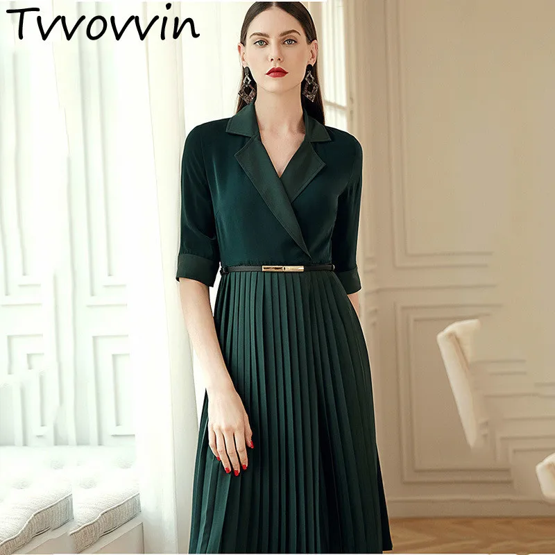 

TVVOVVIN 2019 Autumn Winter Woman Temperament Solid Green Color Notched Half Sleeve Adjustable Waist Long Pleated Dress M94