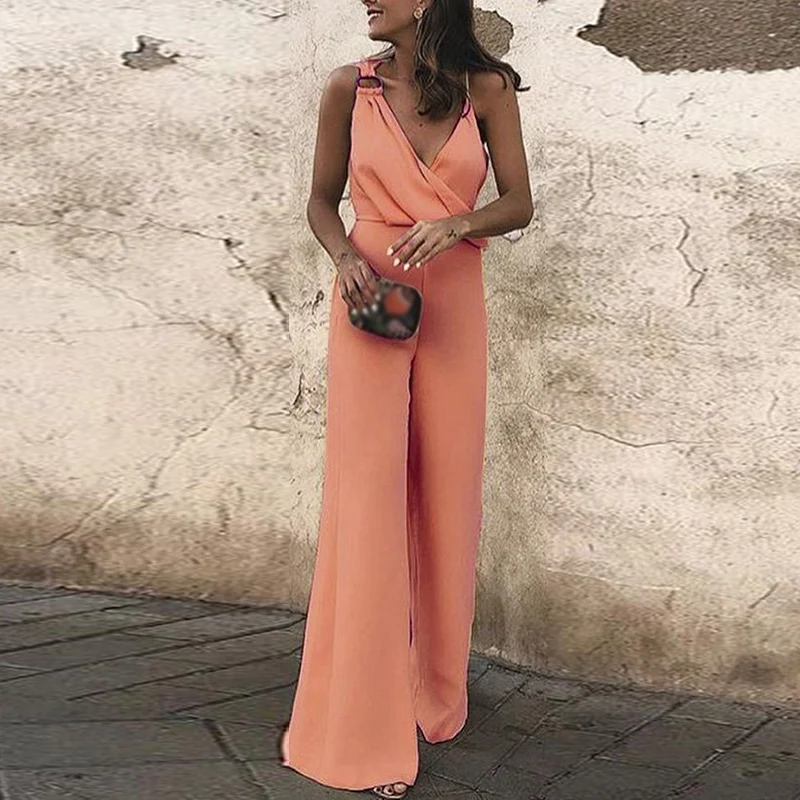 

Women Summer Deep V Neck Sleeveless Sling Slim Fit Bell-bottom Yellow Jumpsuit