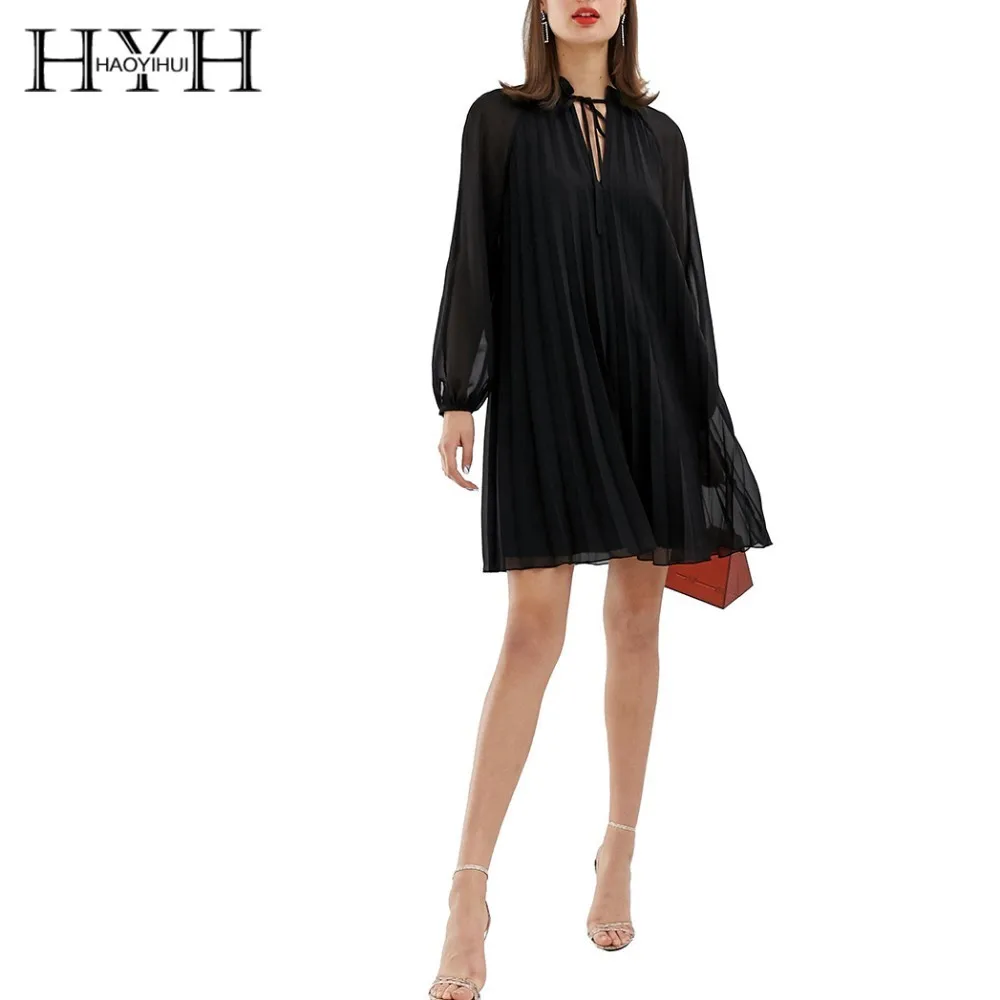 

HYH Haoyihui Simple Commuting Fashion Top Pleated Trapezoidal Wide Bow Tie Dress New Arrival Dress