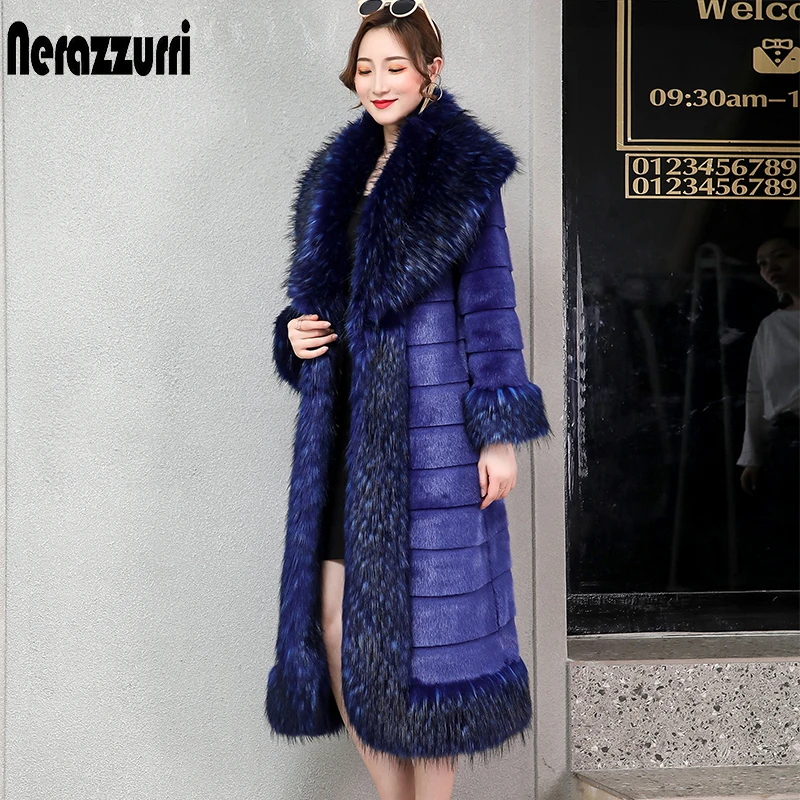 Nerazzurri Sapphire blue luxe mink bontjas met fox trim lange harige gestreepte faux fur overjas vrouwen plus size pluizige jas Nerazzurri Sapphire blue luxe mink bontjas met fox trim lange harige gestreepte faux fur overjas vrouwen plus size pluizige jas