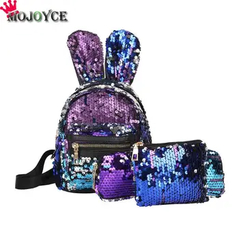 

3pcs/set Mini Sequins School Backpack Women Rabbit Ears Rucksack Shoulder Leather Backpack Mochila Feminina