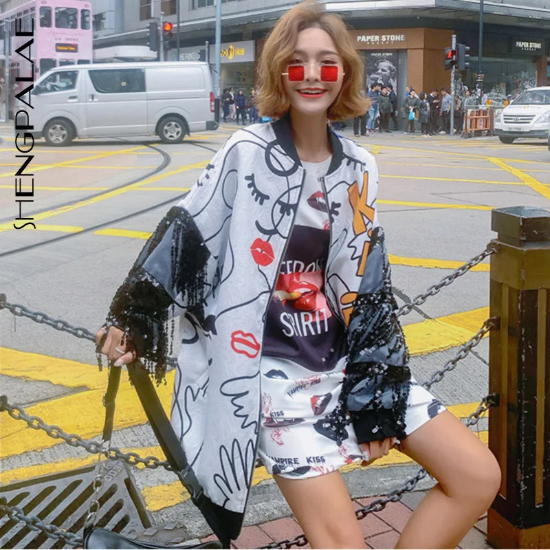 Hd395 2019 White Nouveau Manteau Veste Sequin Printemps cou Glands Blouse Longues O Lâche À Femme Shengpalae Chic Imprimer Manches Femmes HqUHdE