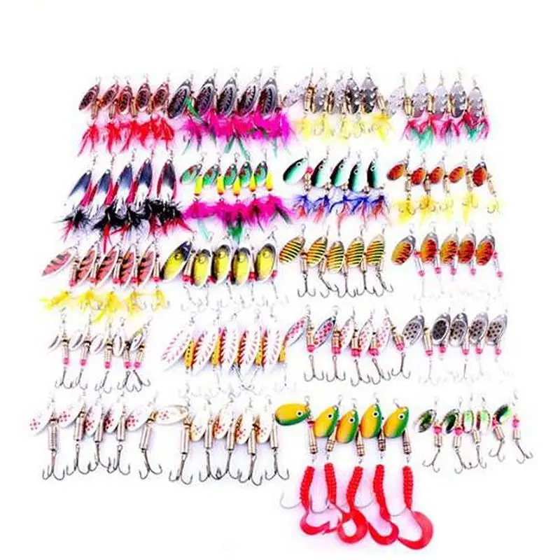 

SEWS-Hengjia Fishing Lure Kit Mixed Spinner Bait Spoon Lure With Feather Treble Hooks Peche Jig Anzuelos Pesca Swivel Soft Bai