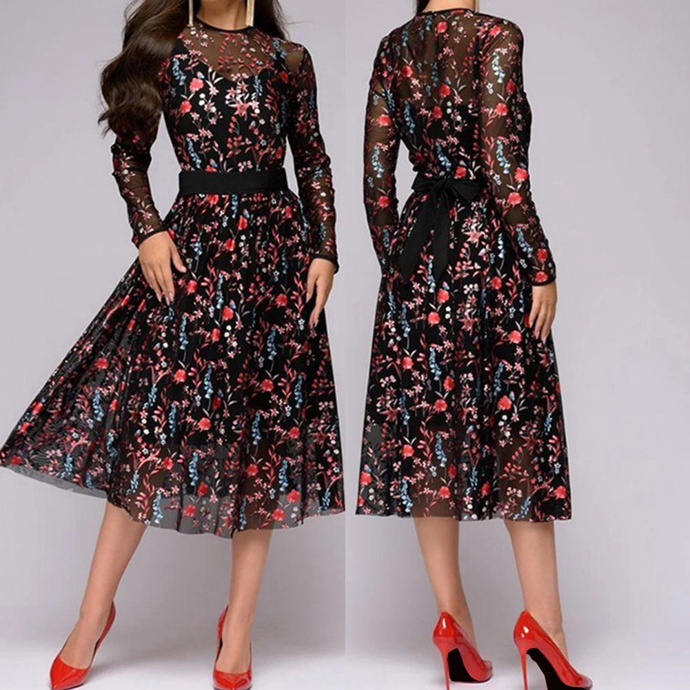 Осенние женские цветочный принт Формальные Boho Sheer сетчатые платья Большой Винтаж повседневное свободные вечерние длинным для ин
