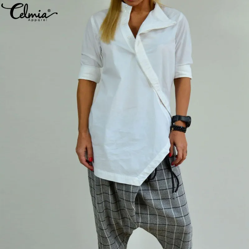 En Ligne Celmia Femmes Chemises Longues 2019 Automne Printemps Asymétrique Lin Chemisier décontracté Lâche tops tuniques Boutons Blusas Chemise Femininas 5XL