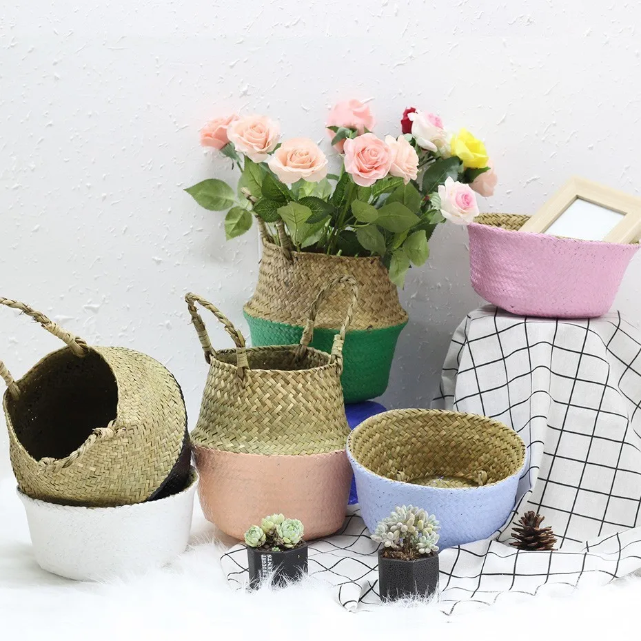 

Home Garden Seagrass Wickerwork Basket Rattan Foldable Hanging Flower Pot Planter Woven Laundry Basket Storage Basket