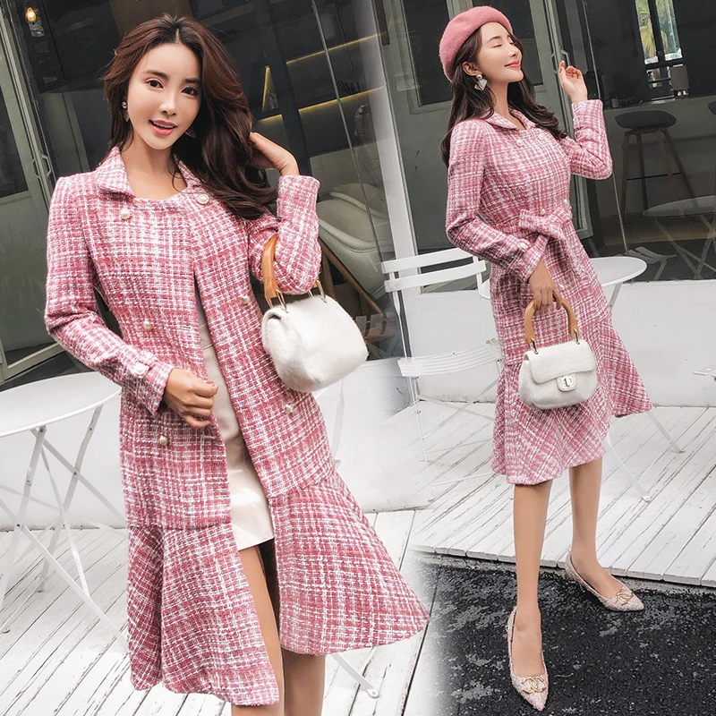 Brand Tweed Woolen Pink Coat Women Korean Robe Hiver Elegant Vintage Plaid Chic Ruffles Fishtail Autumn Winter Long Dress Coat
