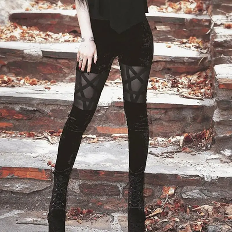 

Women Pants 2019 Black Pentagram Hollow Out Trendy Gothic Streetwear Thin Summer Trousers Fitness Skinny Casual High Waist Pants