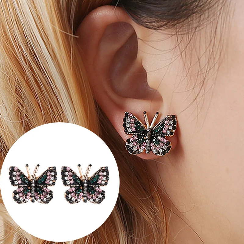 

1Pair Gold Color Butterfly Piercing Metal Crystal Colorful Rhinestone Inlaid Butterfly Beautiful Stud Earring Sweet