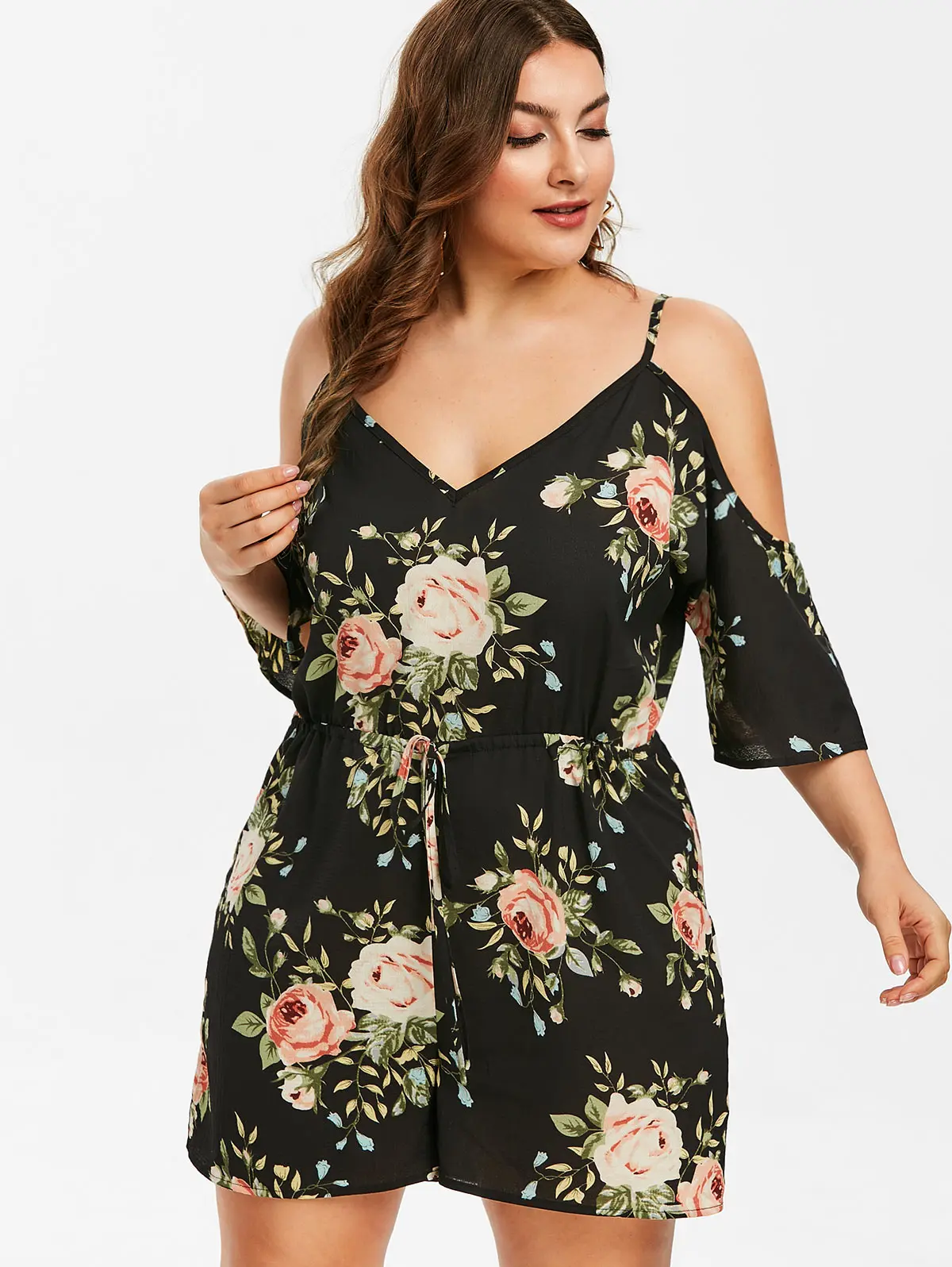 

Wipalo Plus Size Flower Cami Romper Cold Shoulder Women Summer Fashion Boho Playsuits Drawstring Waist Romper Beach Females