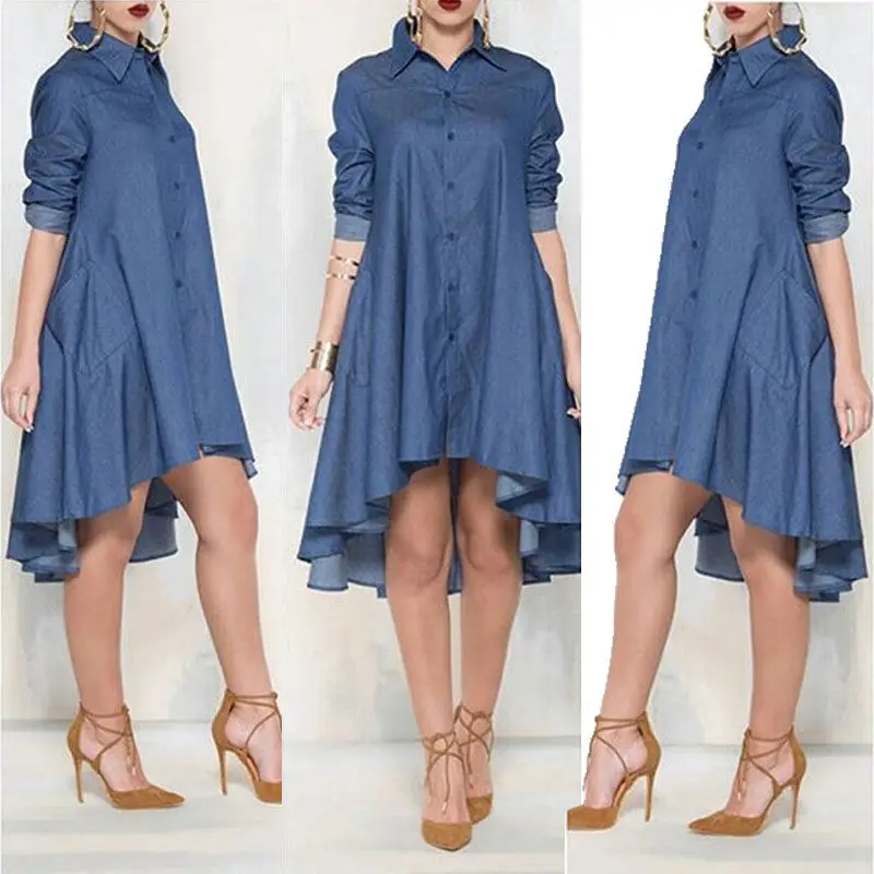 

Brand New 2019 Women's Blue Jeans Denim Pocket Button Half Sleeve Turn-down Collar T-shirt Loose Shirt Mini Dress S M L XL