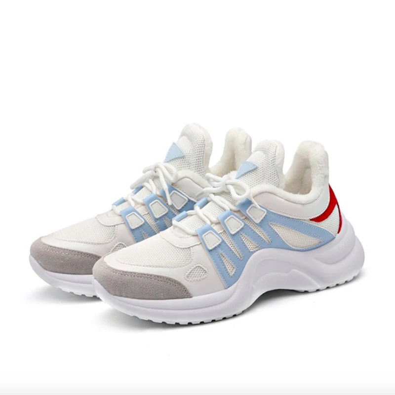 

Women Casual Shoes 2018 Winter Women Sneakers Fashion Mesh Lace-Up Warm Plush Women Shoes Breathable Flats Big Size 35-43
