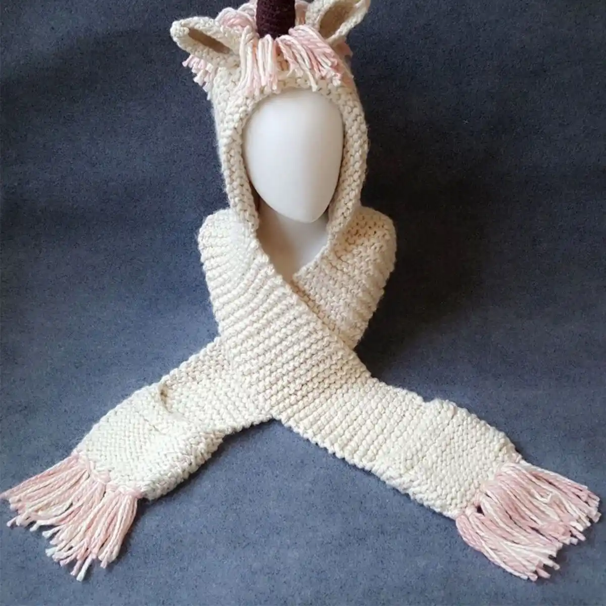 Cute Girls Crochet Cartoon Unicorn Tassel Winter Hat with Scarf Hooded Knitting