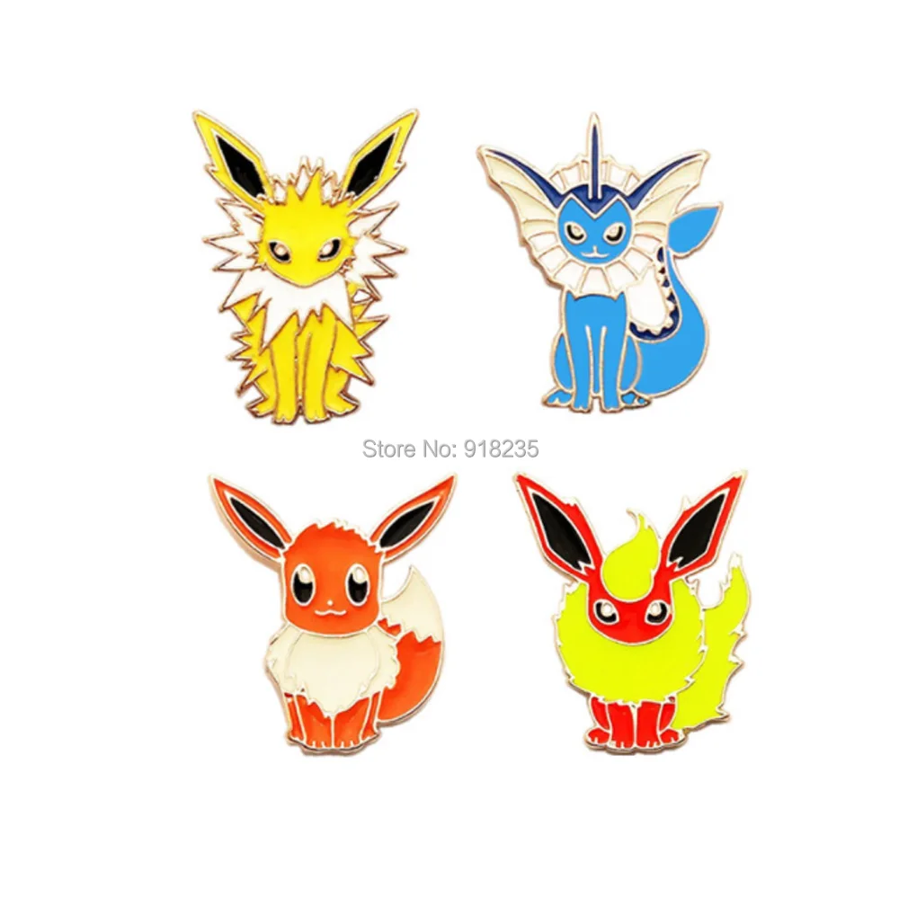 4PCS Vaporeon Eevee Jolteon Flareon Alloy Metal Brooch Pin For Lapel Figure Toys PCXB