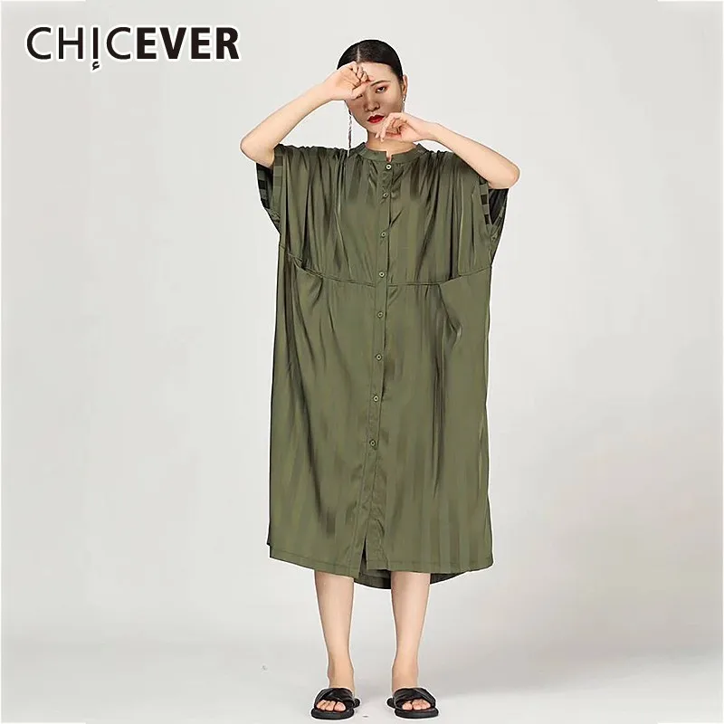 

CHICEVER Summer Casual Striped Women Dress O Neck Short Sleeve Button Loose Plus Size Mid-calf Stright Dresses 2019 Fashion New