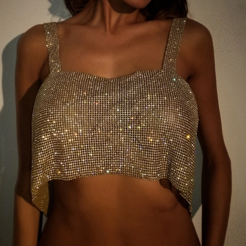 Crystal Silver Gold Metal Strappy Backless Shiny Sequins Necklace Metallic Strap Tank Crop Top Vest