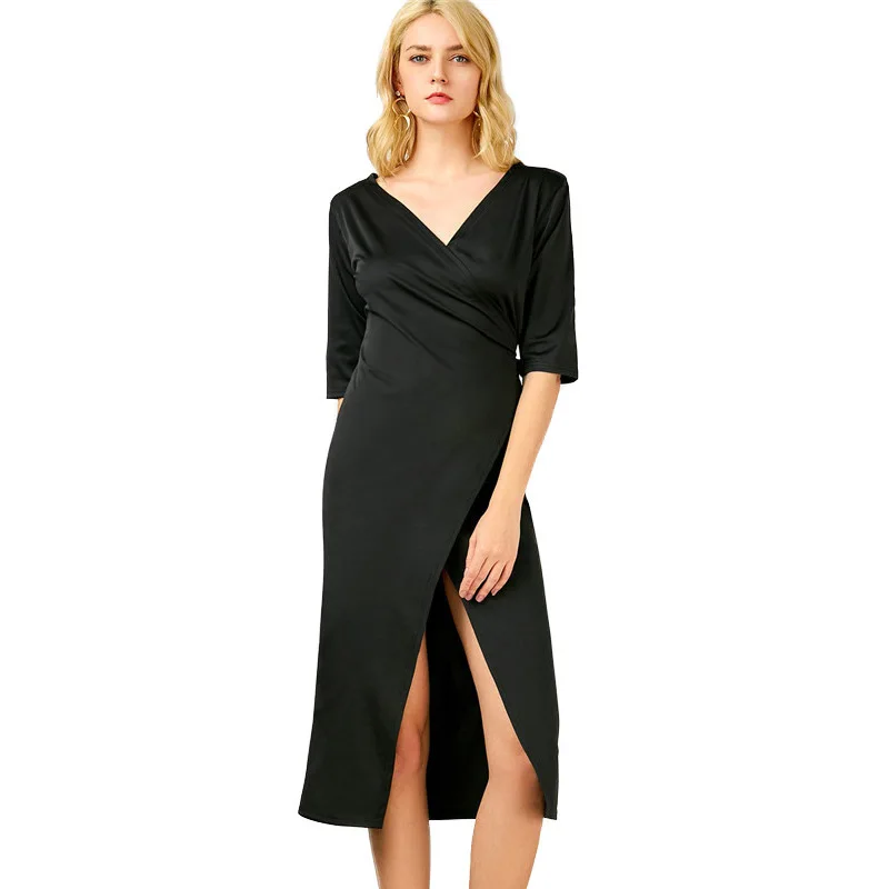 

SARSALLYA Spring New Pattern Solid Color V Lead In Sleeve Dress Side Vent Bandage Longuette