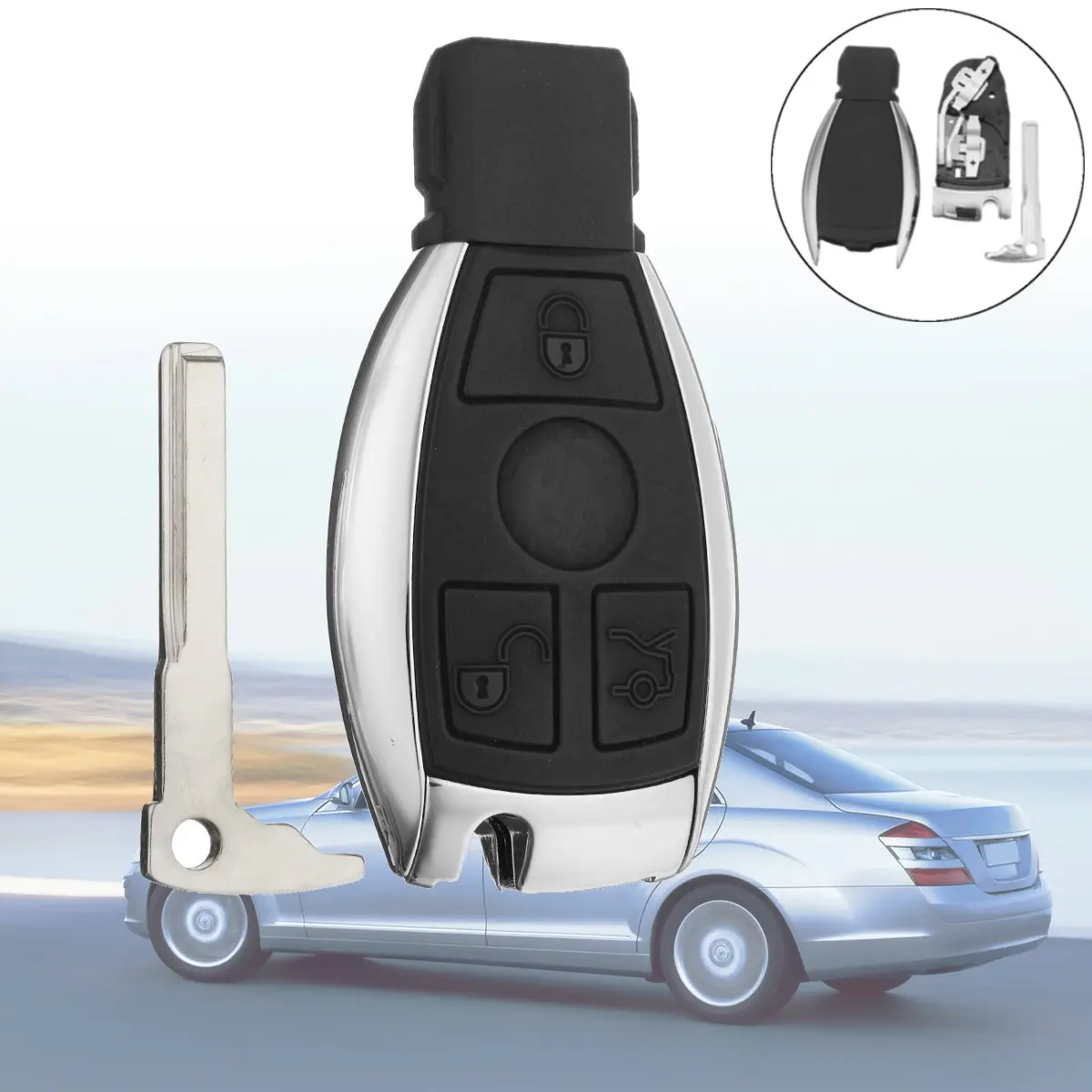 

1pcs 2 TYPE New Silver Side Modified 3 Button Remote Key Shell Case Fob for Mercedes for Benz MB CLS C E S with Battery Holder