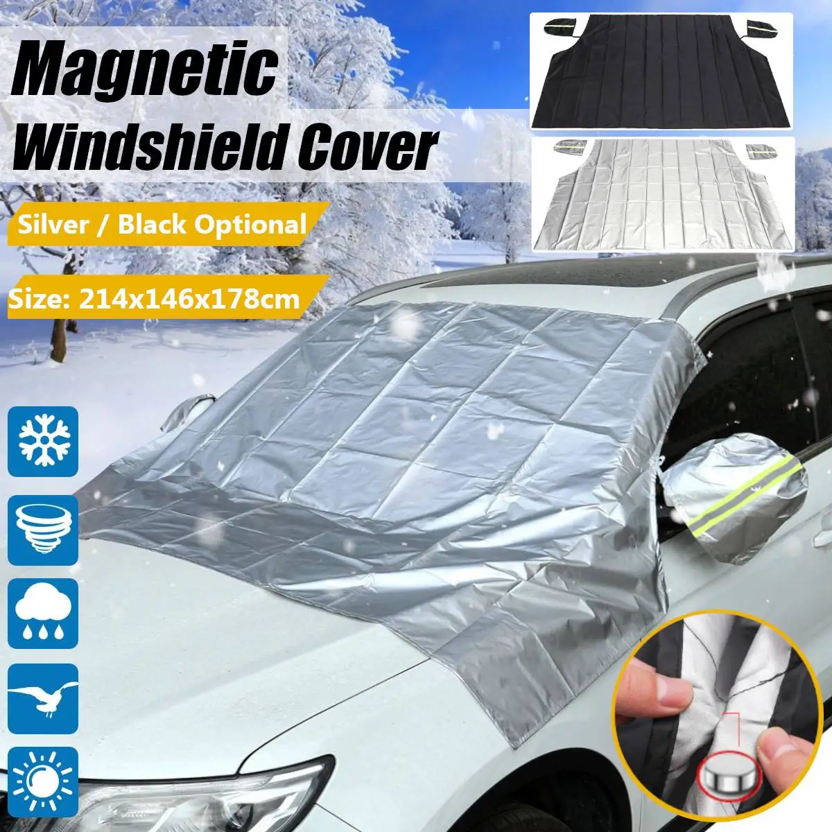 

Magnetic Car Pickup SUV Windshield Snow Sun Dust Cover Ice Frost with Mirror Protector Shield Green Reflective Strip 214x146cm