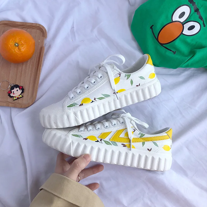 

School Girl Flats Sneakers Shoes Fresh Lemon Hand-painted Platform Canvas Shoes