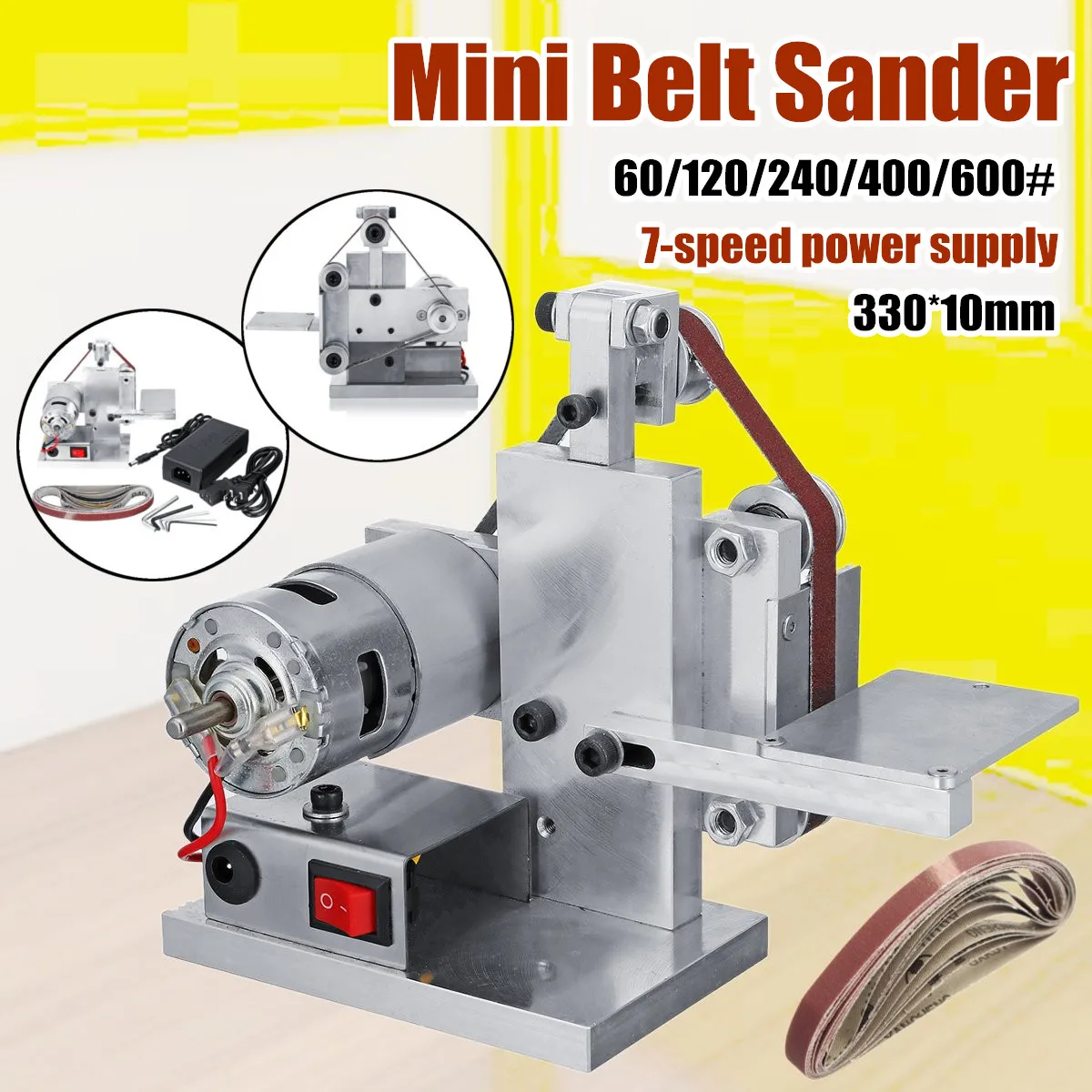 

DIY Mini Belt Sander Machine 330x20MM Sanding Grinding Sharpening With 7-speed Speed Control Power Supply