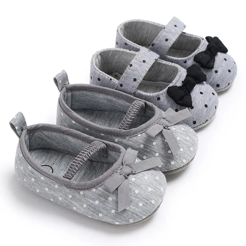 

Grey Polka Dot Butterfly-knot Cotton Fabric Girl Shoes 2 Colors Spring Autumn Hook & Loop Soft Sole First Walkers Princess Shoes