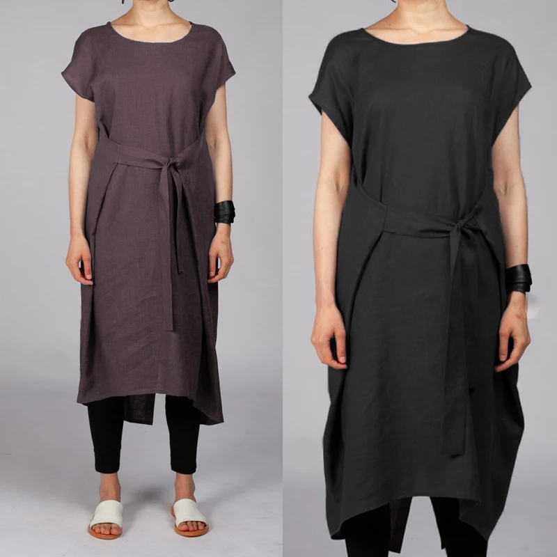 

S-5XL Celmia Women Vintage Linen Dress 2019 Summer Female Short Sleeve Belted Casual Loose Midi Dresses Split Oversized Vestidos