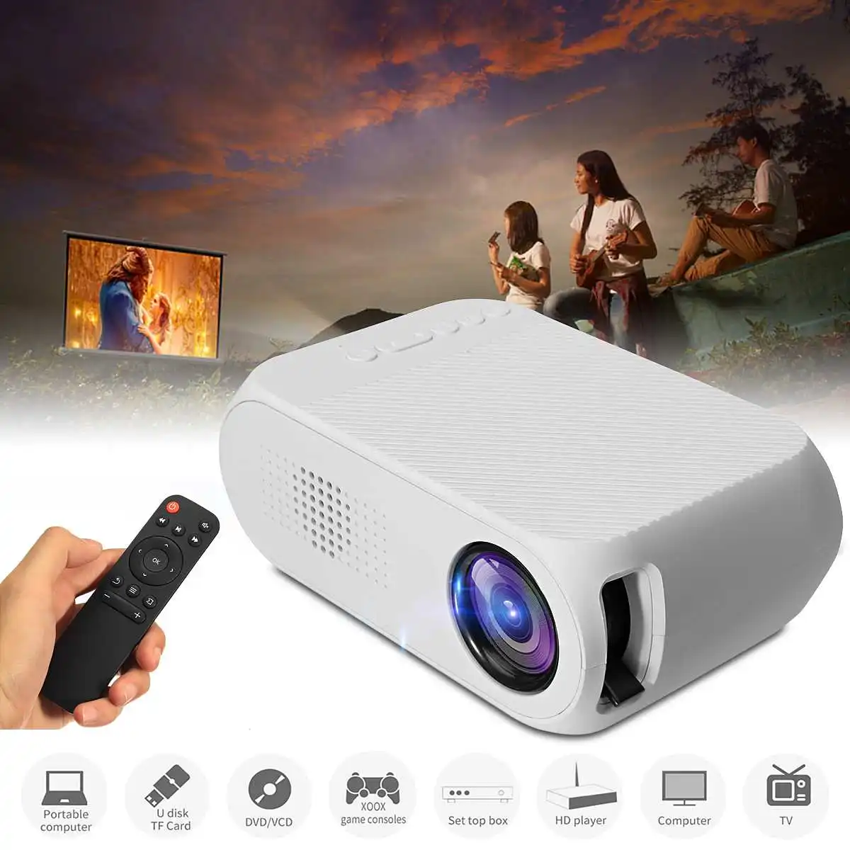 

YG320 1080P Mini Portable LED Projector 400 Lumens 23 Languages Home Theater Can read U disk TF card AV connection DVD box