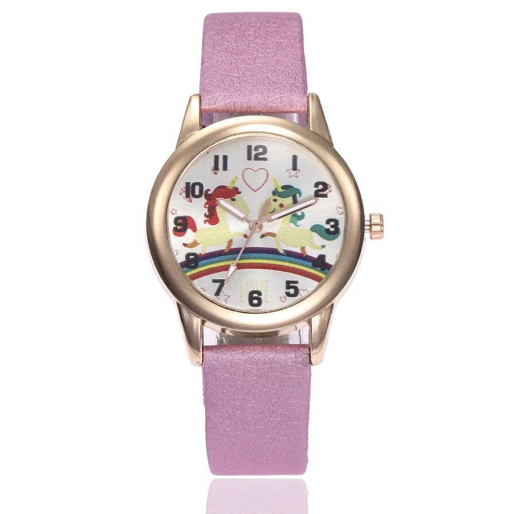 Children Watches Casual Leather Wristwatch Cartoon Student Rainbow Pony Love Digital Quartz Watch Child Dress Clock Xmas Gifts