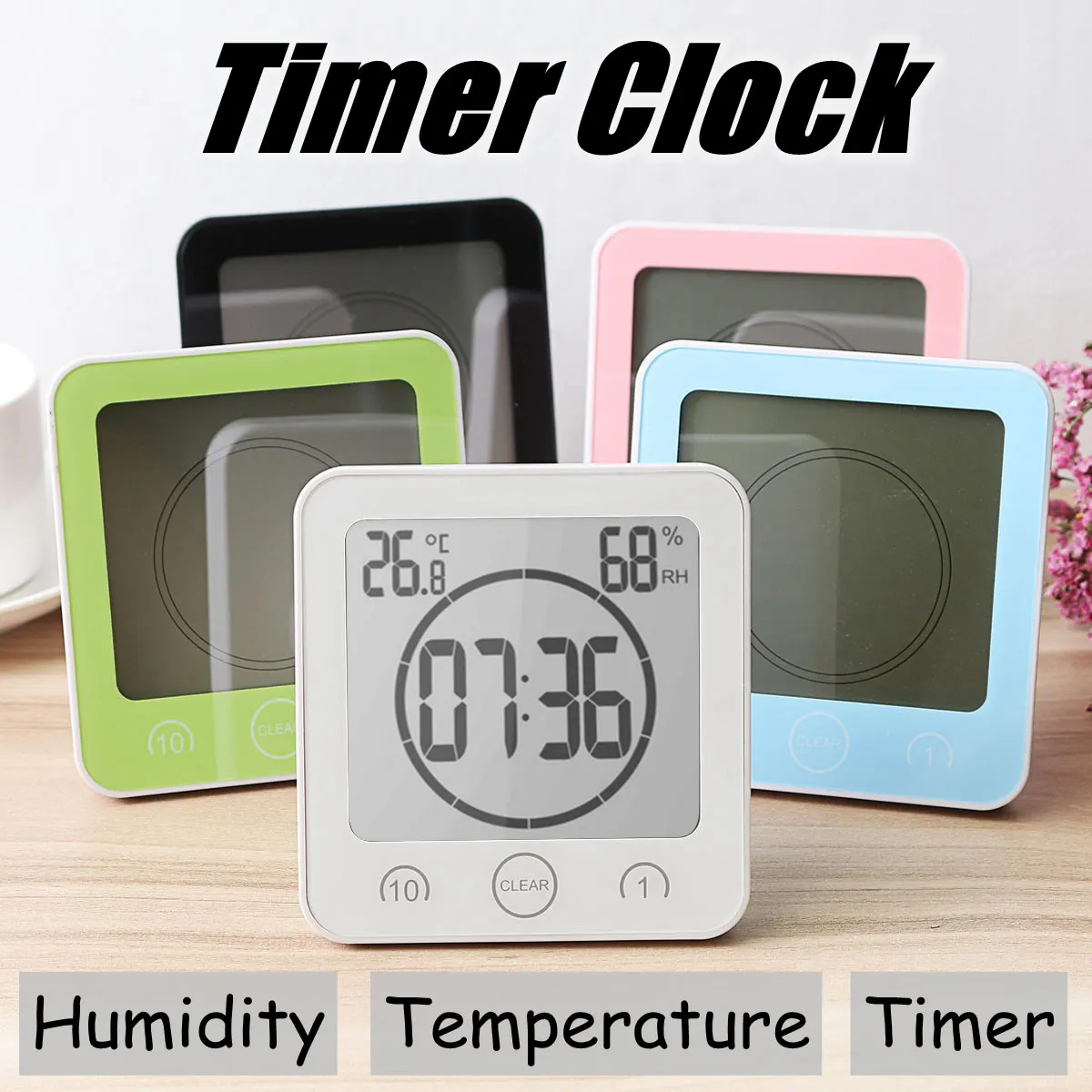 

Waterproof LCD Digital Wall Clock Temperature Humidity Meter Bathroom Shower Wall Suction Countdown Kitchen Bath Timer Alarm