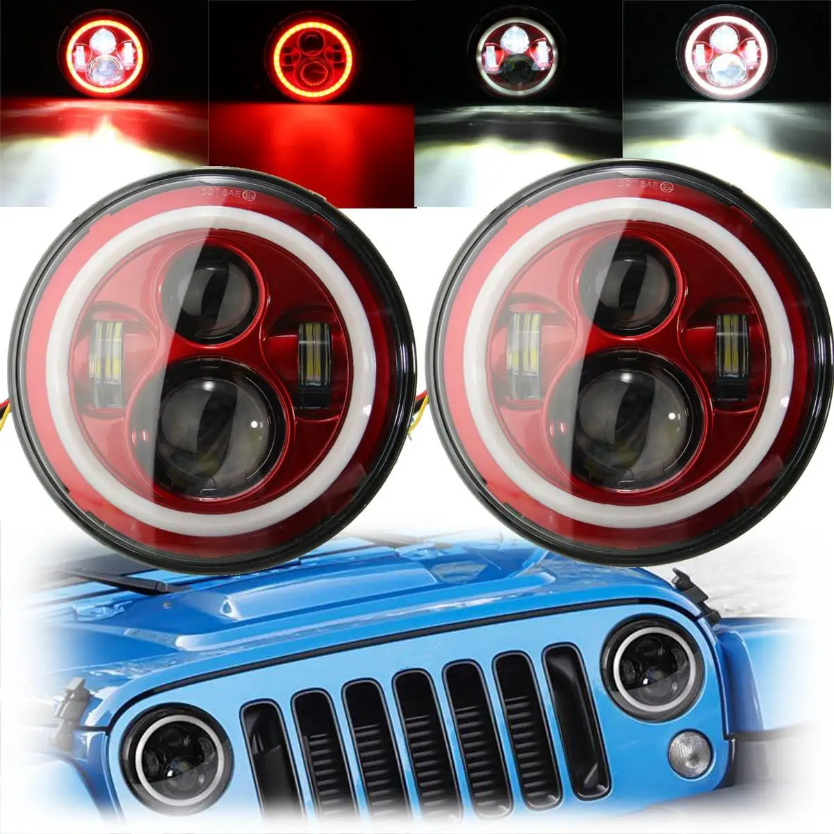 

2pcs 7inch LED Hi-Lo Beam Headlight Round Halo Angle Eyes Red/White For Wrangler for JEEP Cj-5 7 8 TJ JK