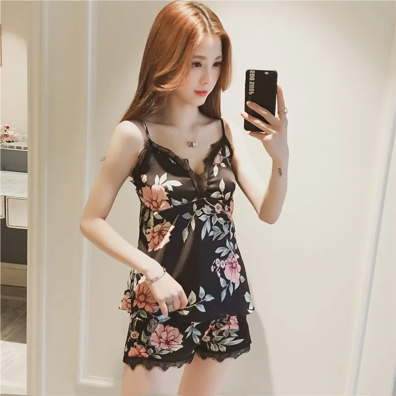 

2019 Women Pajamas Printing Sleepwear Set Sling V-Neck Sexy Female Summer Silk Pyjamas Two Piece Nightclothes