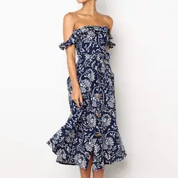 Лидер продаж женские с открытыми плечами платье миди цветочным рисунком карман для вечерние длинные пляжные Макси Сарафан