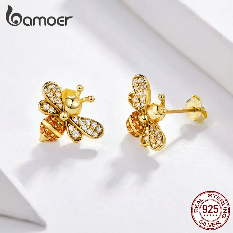 Женские серьги гвоздики Пчелка BAMOER из стерлингового серебра 925 пробы с
