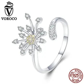 

VOROCO 2019 Silver 925 Adjustable Ring Blooming Dandelion Love Sterling Silver For Women Engagement Fine Jewelry Gift BKR471