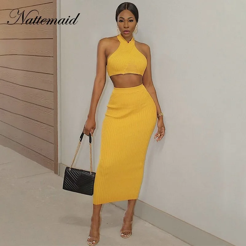 

NATTEMAID 2019 Summer 2 Piece Set Women Sweater Knitted Two Piece Set Crop Top And Skirt Set Halter Sexy Bodycon Women Set