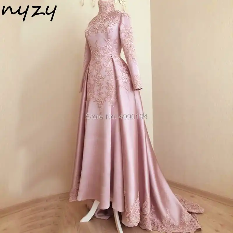 Nyzy Mw22 Muslim Evening Dress Elegant Hijab Robe Soiree Dubai Long Sleeves Pink Satin Lace Abiye Elbiseler Gelinlik 2019 Aliexpress