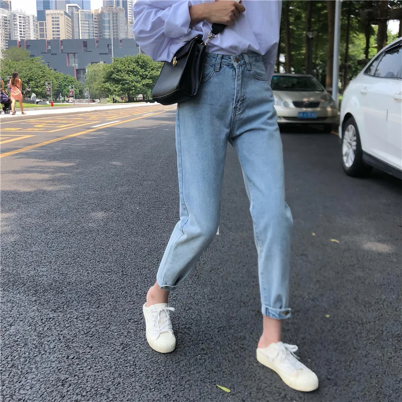 

Dark Blue / Light Blue / Black colors Basic Pants Button High Waist Ankle-Length Pants Harlan Jeans Women Spring Summer
