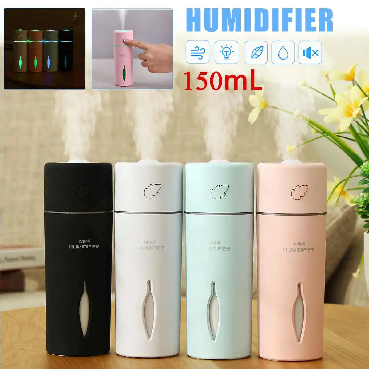

150ml USB Mini Air Humidifier LED Night Light Essential Oil Diffuser Electric Aromatherapy Car Home Aromas Diffuser Air Purifier