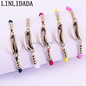 

6Pcs Fashion gold color genuine cowrie shell connector bracelet in adjustable Cotton Ropes chain bracelet for women
