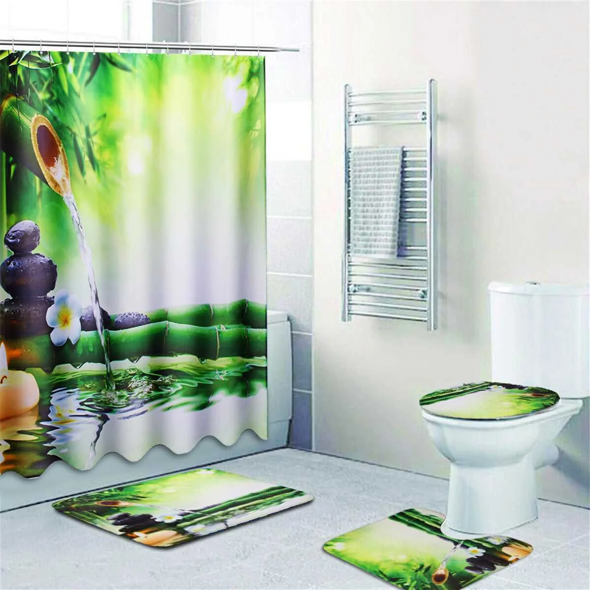 Günstig 1 PCS Bambus Wasserdichte Badezimmer Dusche Vorhang Und 3 PCS Wc Abdeckung Matte Non Slip Teppich Set