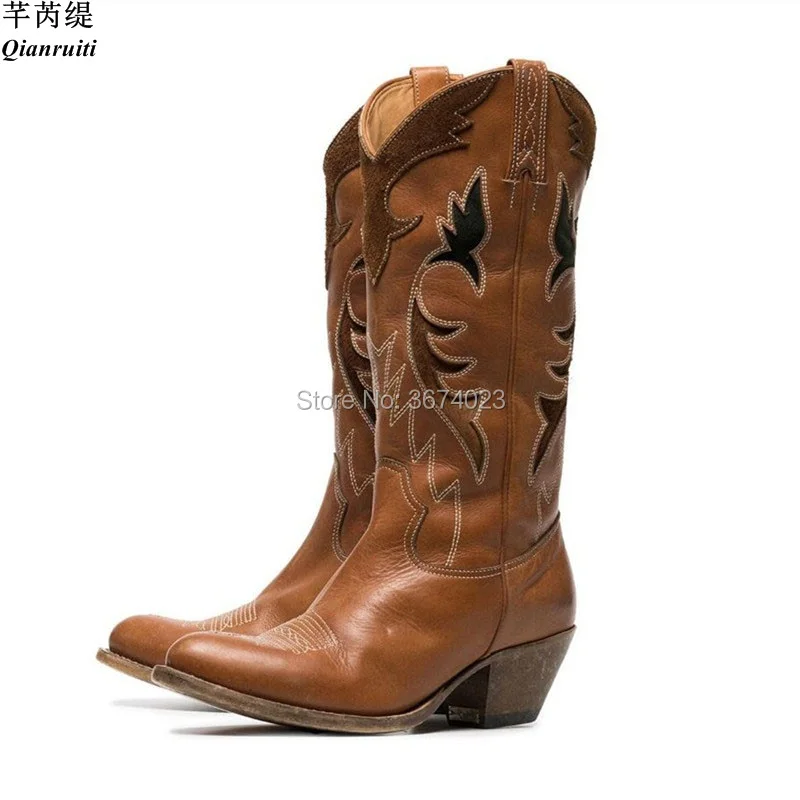 

Qianruiti Distressed Knee High Boots Women Embroidered Pattern Shoes Cowboy Boots Cuban Heels Genuine Leather Shoes Women Retro
