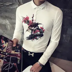 Мужская рубашка Slim Fit китайский стиль принт повседневные мужские социальные рубашки с длинным рукавом Ночной клуб вечерние Вечеринка