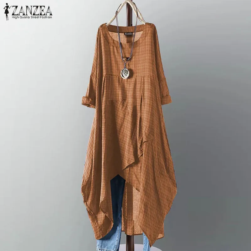 

ZANZEA Women Summer Dress 2019 Ladies Casual Loose Asymmetrical Vestidos Vintage Check Plaid Cotton Linen Dresses Beach Vestido