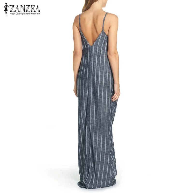 ZANZEA Women Spaghetti Strap Striped Sleeveless V Neck Long Maxi Dress Sundress