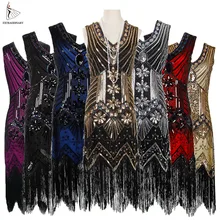 Для женщин 1920 s Винтаж Великий Гэтсби платье с пайетками, платье с v-образной горловиной, Ленточки облегающее платье для вечеринки с бисером Хлопушки платья арт-деко с двойным